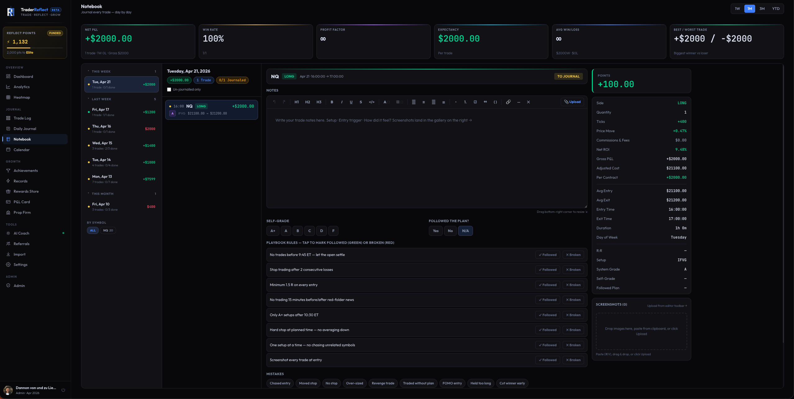 Notebook — per-trade post-mortem